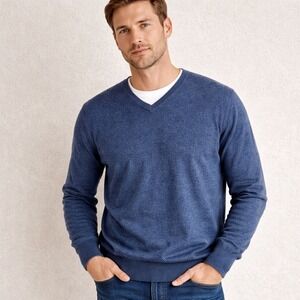 Joseph Abboud Sweater Mens XL Extra Fine Merino Wool V Neck Pullover Winter Blue